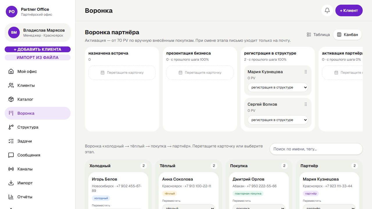 Воронка партнёра — канбан с перетаскиванием